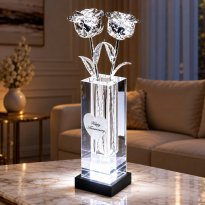 2 Illuminated 11" Silver Roses in 8" Personalized Crystal Vase